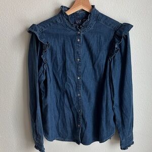 GAP Shirt Denim Ruffle Trim Feminine Capsule XL